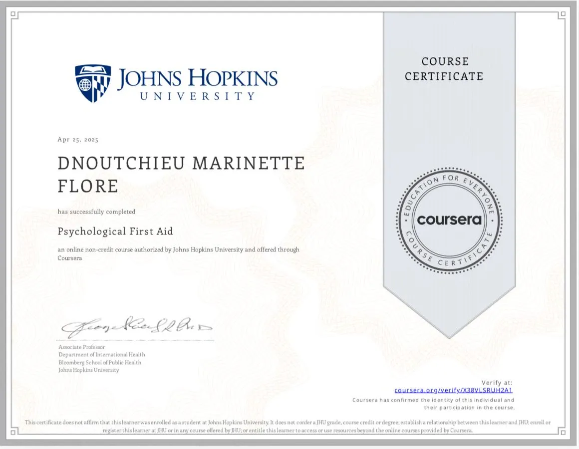 Certificat « Psychological First Aid » de l’Université Johns Hopkins